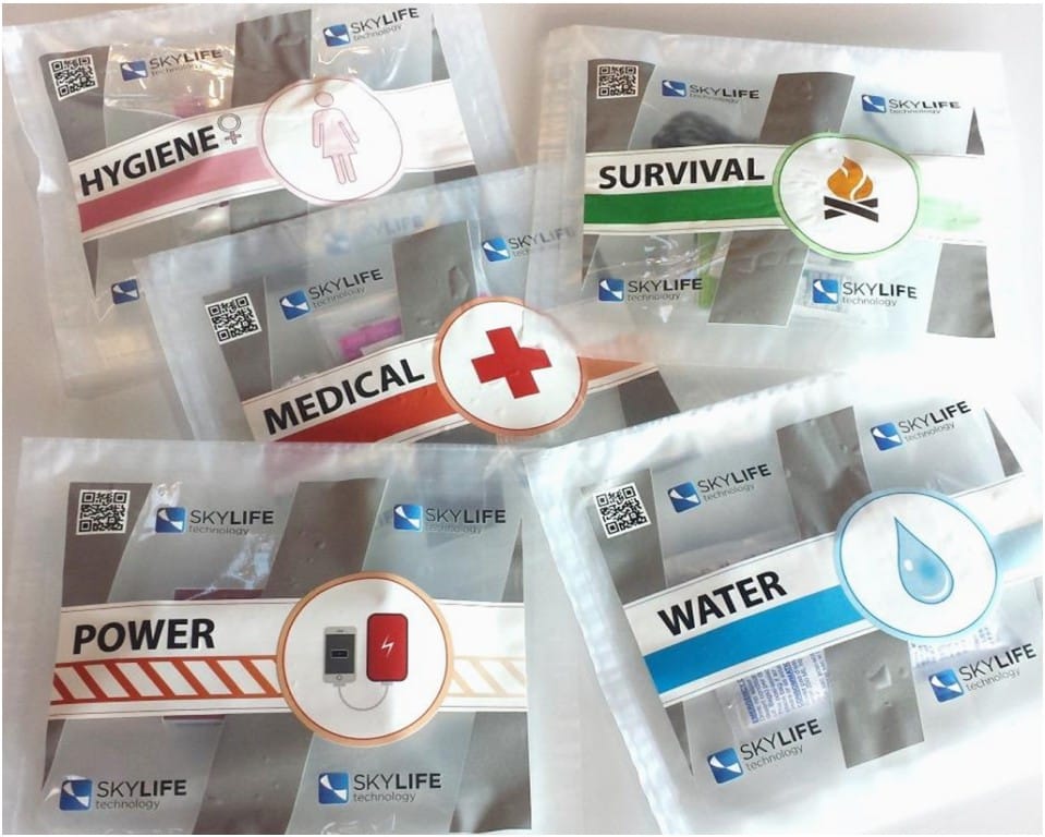 Skylife SkyPAC aid packs labelled water, medical, survival, power and hygiene