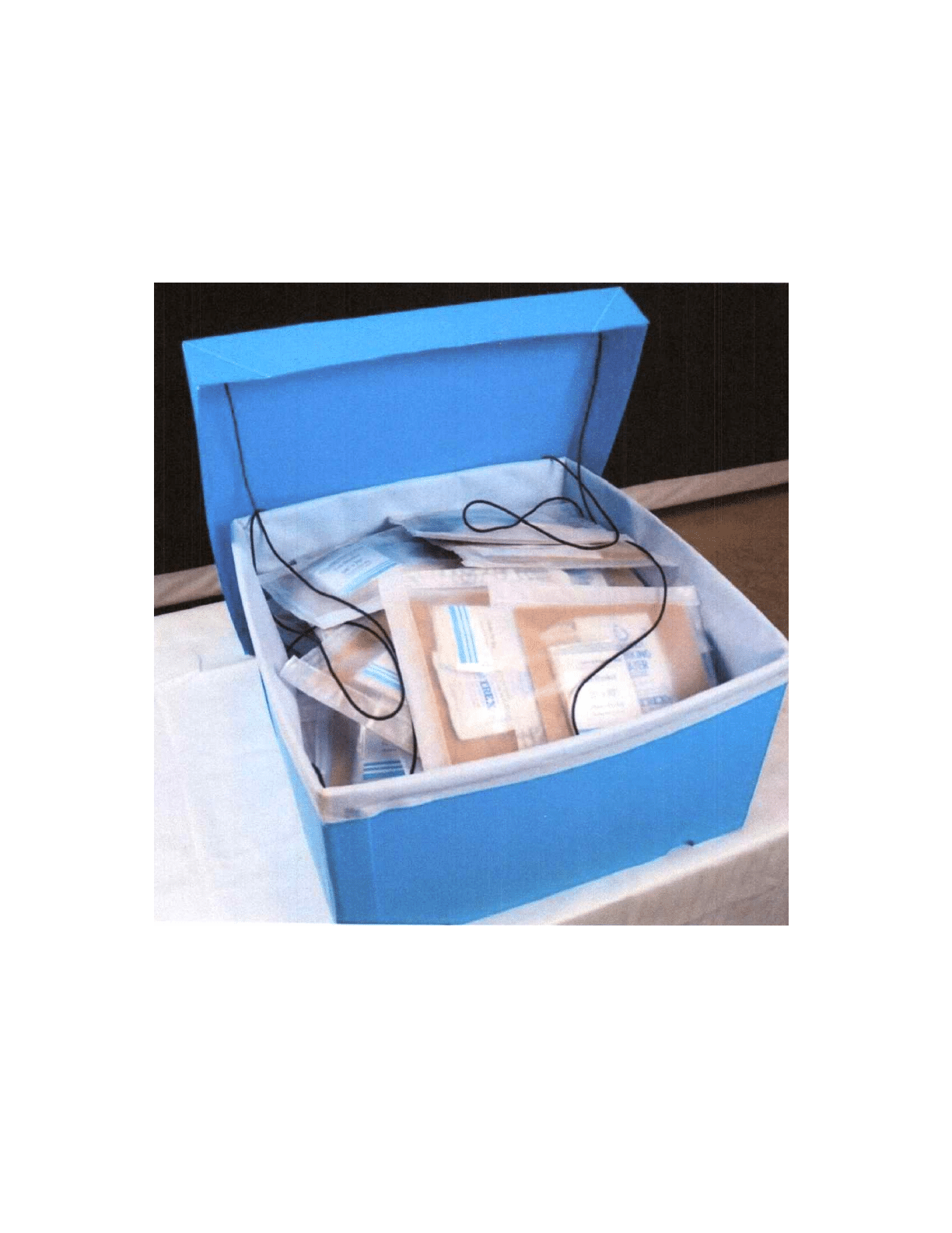 An opened blue SkyBOX with its supplies intact